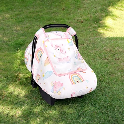 Image of Baby Carseat Cover Girls, Pea Pod Unicorn Infant Car Seat Covers Canopy for Newborn with 2 Layers Windows of Breathable Mesh /Fabric, Lightweight Polyester /Minky Dot Backing, Snug Fit