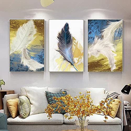 Affiches peinture murale plume d'or déco salon moderne tableau sur toile triptyque 60x80cm 3 pièces