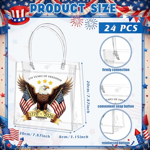 Image of Teenyyou 24 Pcs 250th Anniversary Clear Gift Bags with Handles 4th of July Patriotic USA Eagle Transparent Tote Bags Memorial Day Goodie Candy Treat Gift Container for Independence Day Party Supplies