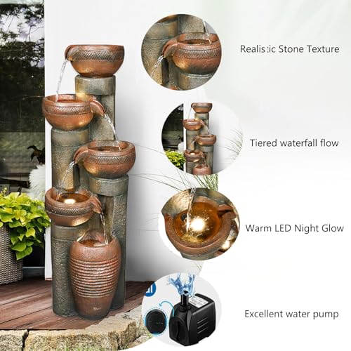 Image of Hamiedun 5 -Tier Water Fountain Outdoor Decor, Large Waterfalls Fountains for Outsides with LED Lights, Indoor and Outdoor Fountain for Garden, Patio, Deck, Porch, Backyard and Home Art Decor