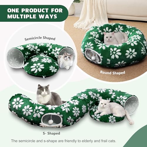 Image of Cat Tunnel for Indoor Cats, Cute Peekaboo Cat Cave with Dangling Balls, Pet Donut Tunnel Bed with Circle Mat for Puppy Kitten Rabbit, Green Flower