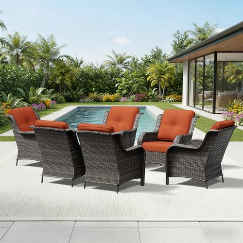 Image of Joyside 6 Piece Wicker Patio Furniture Set, Rattan Patio Chairs with High Back, Deep Seating, Wide Armrest, Thickened Cushions, Outdoor Furniture for Deck, Porch Use