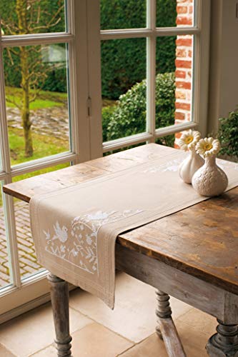 Vervaco Tischläufer Weiße Voegel & Blumen Stickpackung/Läufer im vorgedruckten/vorgezeichneten...