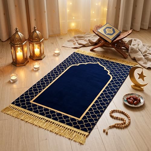 Aishini Soft Velvet Prayer Mat 70110 cm Thick Islamic Sajadah Janamaz with Anti-Slip Base Washable Lightweight Salat Rug for Men Women & Kids Elegant Prayer Mat for Ramadan Eid Gift