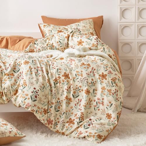Image of Wake In Cloud - Floral Comforter Set, Botanical Flower Cottagecore Shabby Chic Aesthetic for Women Teen Girls, Soft Lightweight Dorm Bedding, 3 Pieces, Orange Cream, Twin /Twin XL Size