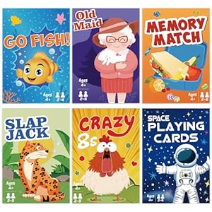 Card Games,6 Decks,Go Fish,Old Maid,Crazy 8s,Memory Match,Slap Jack,Space Playing Cards,Fun Game Cards for Kids Toddlers and Adults,Family Party Table Games, Stocking Stuffers Gifts for Kids