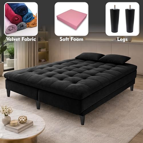 Image of Modern 3 Seater Sofa Cum Bed | Tufted Backrest | Velevt Fabric Upholstery | Living Room Furniture-Black