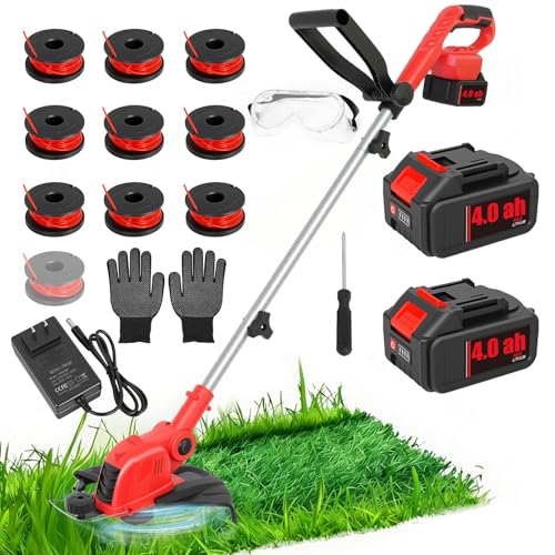 RAXONE 21V Cordless String Trimmer & Edger, 12' Auto-Feed Grass Cutter with 4.0Ah Battery & Fast Charger, 2-in-1 Electric Lawn Tool Includes 10 Lines for Garden and Yard Maintenance - Red