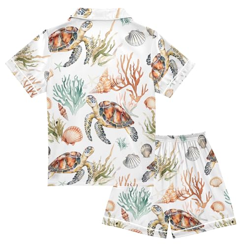 ALAZA Retro Coral Reef Sea Turtle White Pajamas Satin Pajama Set Short Sleeve Button Down Sleepwear2