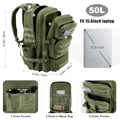 Image of Military Tactical Backpack 50L Large Day Backpack for Men Molle Army 3 Days Assault Pack Bug Out Bag Water Resistant and Heavy Duty Hiking Treeking Rucksack - Dark Green