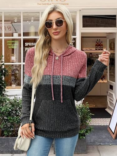 MixShe Women’s Color Block Knit Hoodie – Casual Long Sleeve Pullover Sweater Tops with Pocket