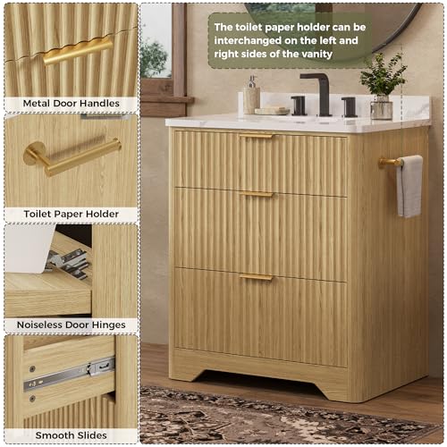 IRONCK 30" Bathroom Vanity with Ceramic Sink, Freestanding Bathroom Sink Cabinet with 2 Drawers & 1 Flip-Down Drawer, Wood Grain Texture, Farmhouse