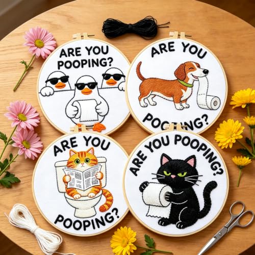 Image of BEUNITONE 4 Pack Beginner Embroidery Kit for Adults, Funny Animal Pre-Stamped Pattern Needlepoint Kits with Hoop, Tools & Instruction, 7.9 inchx7.9 inch Hand Embroidery Kits for Fabric and Home Decor