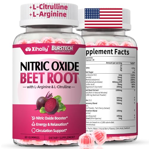 Beet Root Gummies - Nitric Oxide Booster Supplement with Beetroot L-Citrulline & L-Arginine for Heart Muscle Circulation Pre-Workout for Men Women Mixed Berry Flavor Sugar-Free Vegan 60 Count
