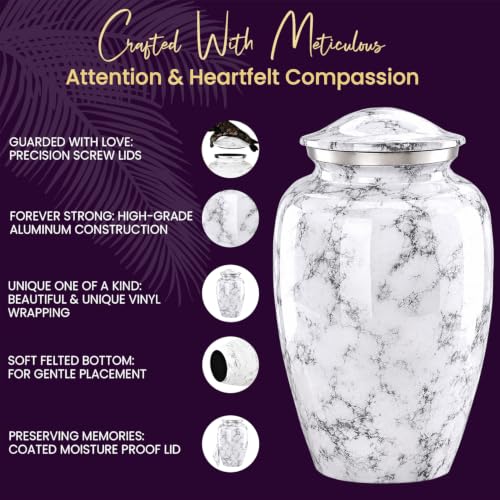 Image of White Cremation Urns for Human Ashes Adult Female & Male with Customizable Medallion | Elegant White Marble Finish Metal Memorial Urn for Men & Women | Decorative Funeral Urns - Large, 220 lbs