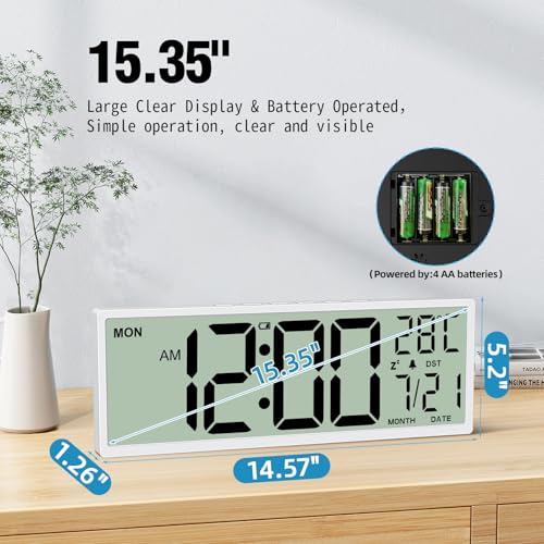 Image of XREXS 14.5 inch Digital Wall Clock Battery Operated with Big Digits LCD Screen Display, Large Display Timer with Temperature Date Week Auto DST, Alarm Clock for Classroom, Livingroom, Office