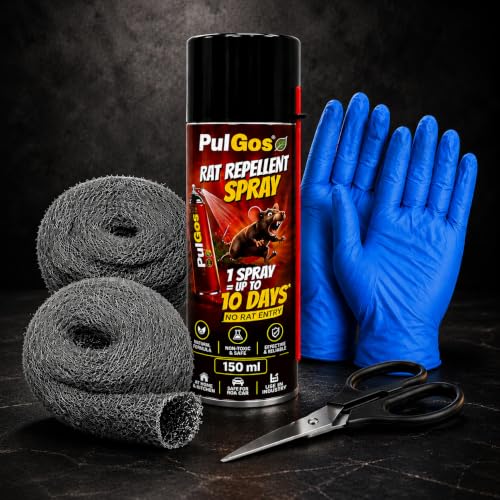 Image of PulGos 5-in-1 Complete Rat Protection Kit | Rat Repellent Spray Combo | With 2 Steel Wool Rolls, Scissor & Gloves | Blocks Rat Entry Through Holes, Cracks & Pipes | Home, Kitchen, Car & Bike Use