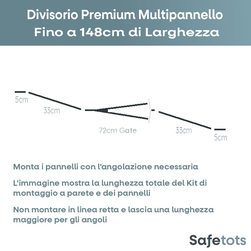 Safetots Divisorio Premium Multipannello, Fino a 148cm di Larghezza, Nero, 70cm di Altezza, Barriera Divisoria Multipannello Versatile, Divisorio per Stanze per Bambini e Neonati con Cancelletto