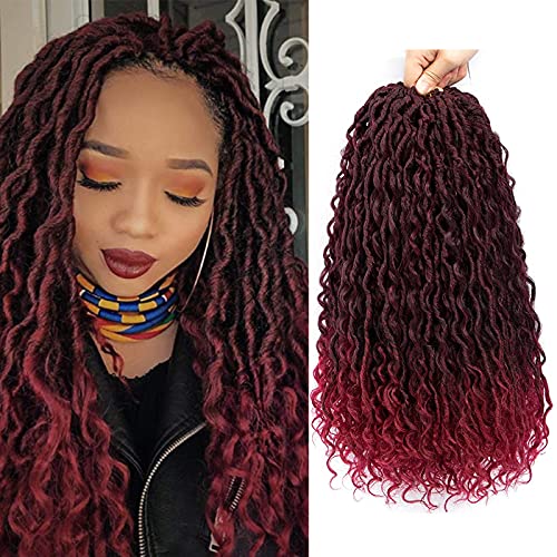 6 Packs Curly Faux Locs Crochet Hair Ombre Burgundy 18 Inch Goddess Locs Crochet Hair Hippie Locs Synthetic Braids Hair Extensions (18Inch, 6Packs, TBug)