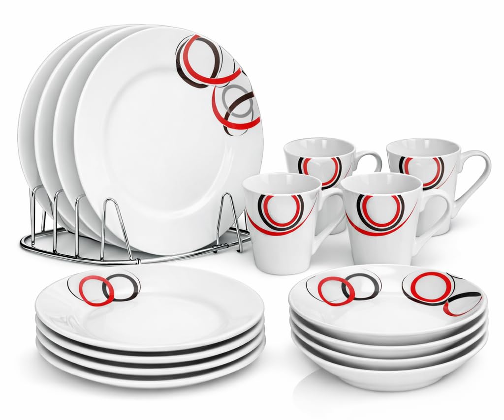 Housetronics 16-Piece Round Porcelain Dinner Set for 4– 4 Dinner Plates and Bowls Set with 4 Side Plates & Mugs, Dishwasher Safe, Highly Resistant Dinnerware, Kitchen & Dining (Red Black Pattern)