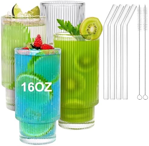Wookgreat Vintage Drinking Glasses Set Of 12, Textured Clear Striped Glass Cups, Ribbed Glassware Set, Tall Water Glass Tumblers, Mojito Cups, Cocktail Glass, Iced Coffee Cup, Bar Glassware - View #8