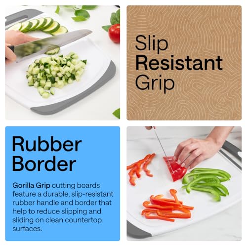 Image of GORILLA GRIP BPA-Free Reversible Kitchen Cutting Board Set of 3, US Designed, Nonporous, Juice Grooves Catch Liquid, Slip Resistant Border, Dishwasher Safe, Durable Large Food Chopping Boards, Gray