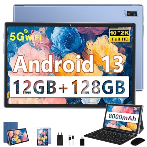 fezawio Tableta de 10 Pulgadas, Tableta Android 13, 2.0ghz, Ocho núcleos, 12 GB de Ram + 128 GB de ROM, TF 512GB, Bluetooth 5.0, reconocimiento Facial, Teclado + Funda de Cuero + ratón, Azul