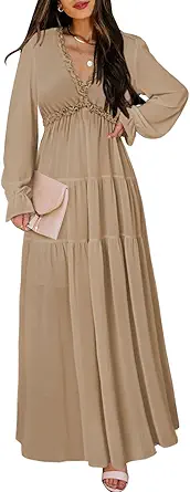 BLENCOT Women's Casual Boho Solid Color Deep V Neck Loose Long Sleeve Long Evening Dress Ruched Cocktail Party Maxi Wedding Dress Light Khaki X-Large