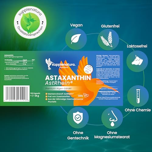 EINFÜHRUNGSANGEBOT* Astaxanthin 8mg hochdosiert | 130 Kapseln | MARKENROHSTOFF: AstRhein® | Quellwasser Kultivierung | Vegan - Astaxantin von SUPPLENATURA®
