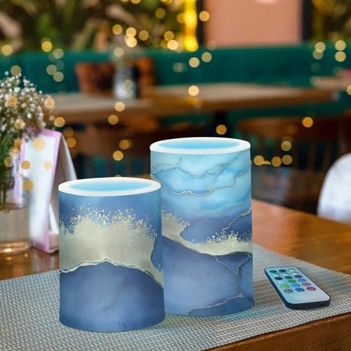 Image of YETTASBIN Blue Marble Flameless Candles with Remote Control and Timer, Adjustable Brightness Long Lasting Battery Operated LED Pillar Candles for Indoor Outdoor Party Holiday Home Decor, 2 Pack
