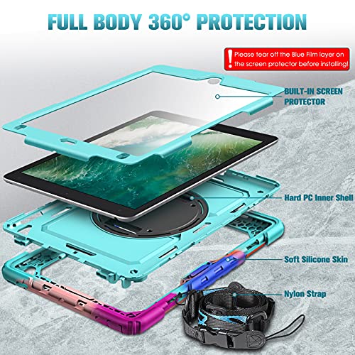 Casebot Case For Ipad 9.7 Ipad 6Th/5Th Generation/Ipad Air 2/ Pro 9.7 With Screen Protector, [360° Rotating Stand] Rugged Heavy Duty Shockproof Cover With Hand Shoulder Strap Pencil Holder, Sky Blue #TOP4