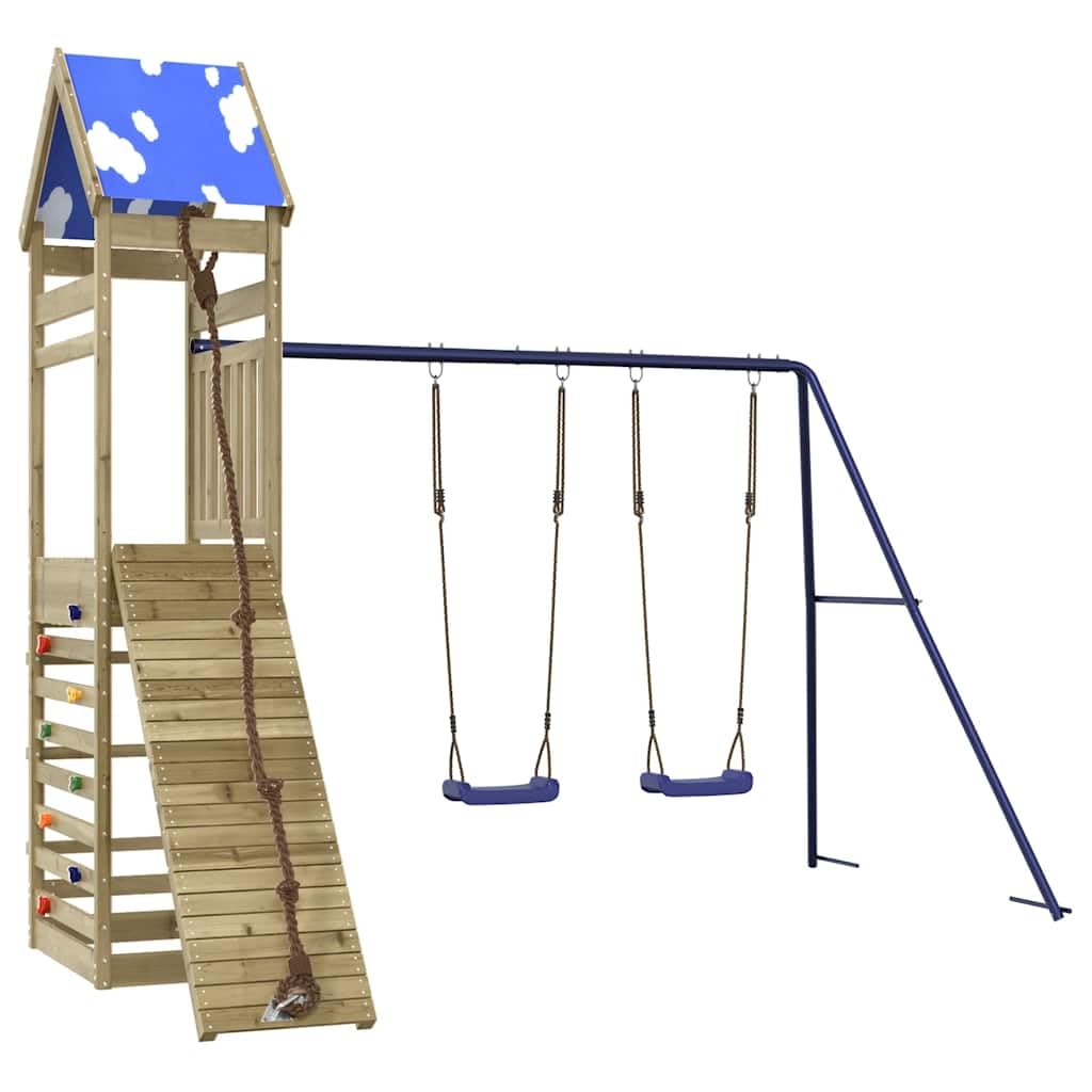 Torre gioco in legno di pino impregnato con altalene, parete da arrampicata