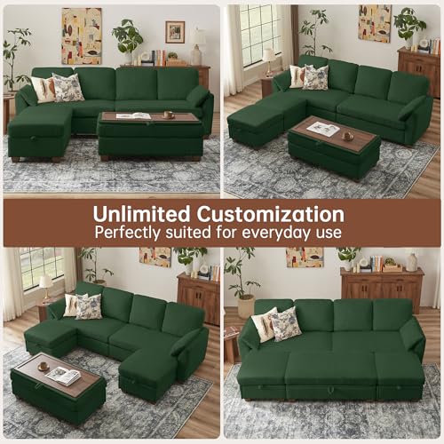 Image of Sectional Sofa with Storage Ottomans & Coffee Table, 4 Seat U Shaped Couches for Living Room: Corduroy Fabric | Double Movable Chaise Ottoman | Storage Long Bench | Modern Convertible Couch Set, Green