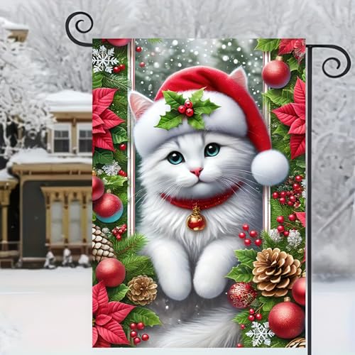 Image of BlissYard Garden Flag Cat Red Hat Winter 12x18 Inch Polyester