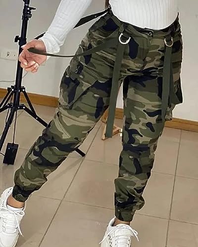 Vakkest Womens Camo Cargo Pants Army Fatigue Jogger Camouflage High Waist Trouser Clubwear Y2K Sweatpants with Belt3