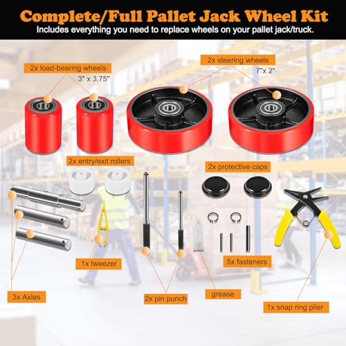 Image of Pallet Jack /Truck Full Wheel Replacement Kit, Pair Steering Wheels (7 inchx 2 inch), Pair Front Load Roller(3 inch x 3.75 inch), with Pre-Installed Bearings, Axles, 20mm ID Poly Tread, Entry Rollers, Install Tool Kit
