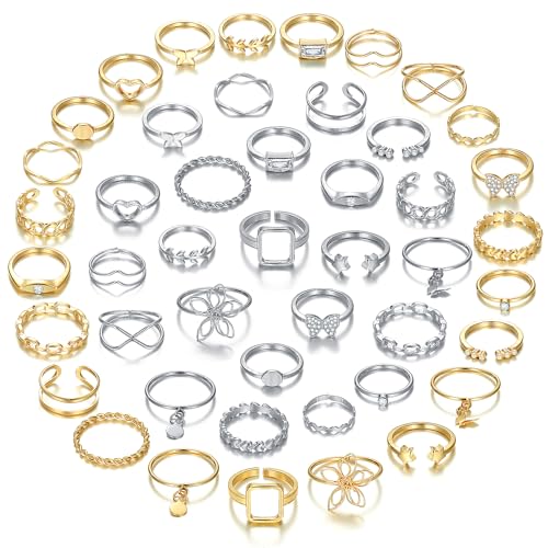 Golden Silvery Knuckle Rings Set for Women, Stackable Rings Bohemian Crystal Hollow Carved Flowers Joint Finger Rings Pack Fashion Jewelry Gifts for Her