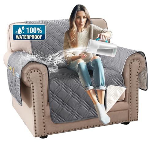 Smarcute 100% Waterproof Chair Cover for Armchair Thick and Soft Chair Slip Cover with Elastic Straps Sofa Protector Pets Dogs Kids Friendly(Chair, Grey/Beige)