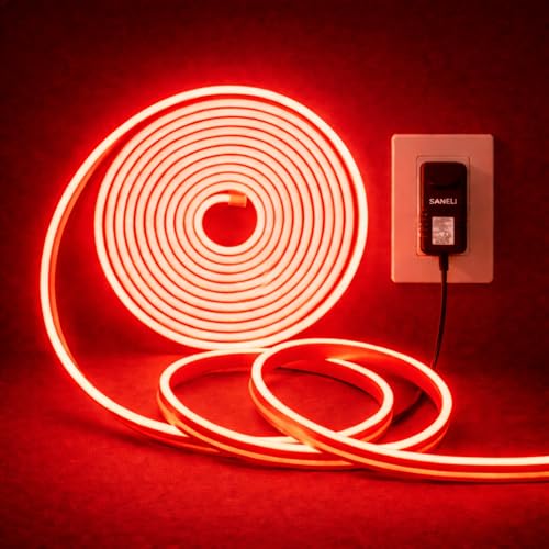 Image of Red Neon LED Rope Lights 16.4ft (5 Meter) - IP65 Waterproof Flexible Silicone Strip with Adapter for Indoor /Outdoor Use