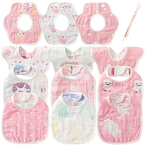 よだれかけ ベビー ビブ ベビースタイ 12枚入り 綿100% 6重ガーゼ 花びら型 360度回転 U型 スナップボタン 調整可能 女の子 食事用スタイ 赤ちゃんエプロン 柔らかい ベビー用品 お食事授乳 おでかけ お出産祝い ピンク