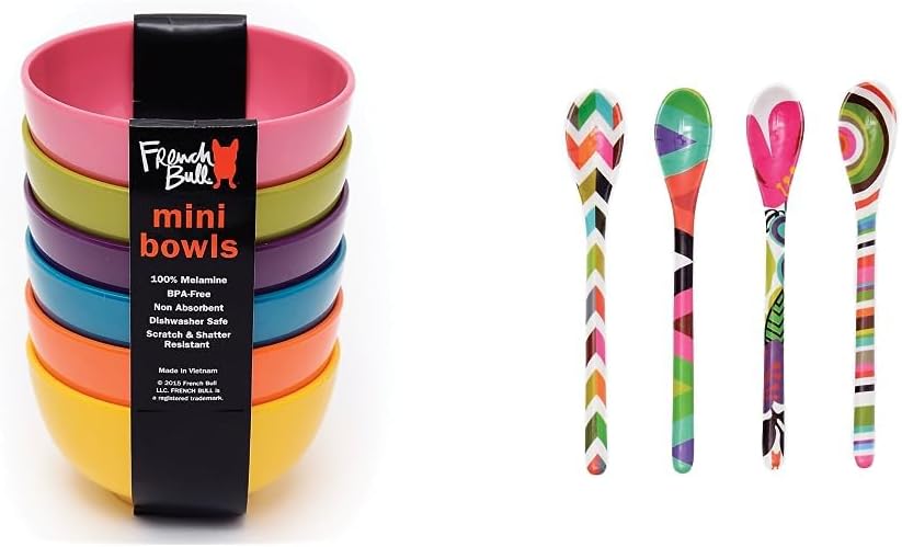French Bull Mini cuencos de melamina para aperitivos, guarniciones, postres, salsas de inmersión o helado surtido de melamina, cucharada, cuchara,