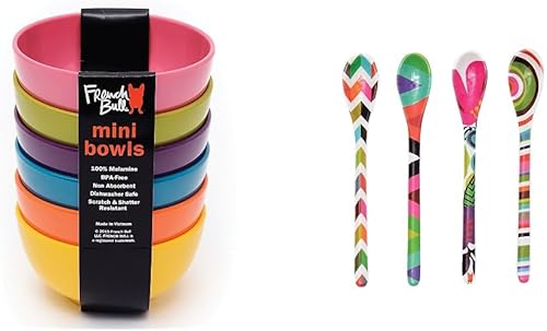 French Bull Mini cuencos de melamina para aperitivos, guarniciones, postres, salsas de inmersión o helado surtido de melamina, cucharada, cuchara,