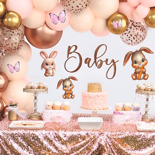 Image of 87 pcs set of pink, peach and golden balloons with rabbit and butterflies cutout for birthday decoration, home party celebration