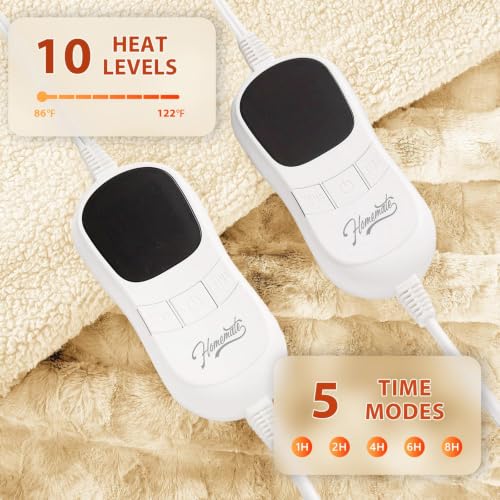 Image of Homemate Electric Heated Heating Blanket King Size 100 inchx90 inch Dual Control | ETL Certified 2 /4 /6 /8H Auto-Off 10 Heat Level Overheat Protection Machine Washable FauxFur Sherpa,Cold Room Cold Sleeper Gift