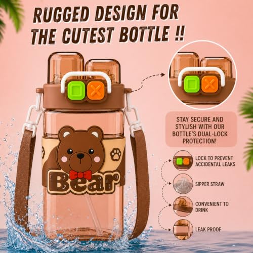 Image of Toy Imagine Cute Bear Water Bottle for Kids(550ml) BPA-Free Leak-Proof Sipper Bottle with Straw, Dual Drinking Lid, Carry Strap & Handle, Cute Cartoon Water Bottle for School, Travel & Outdoor Activities (Brown)