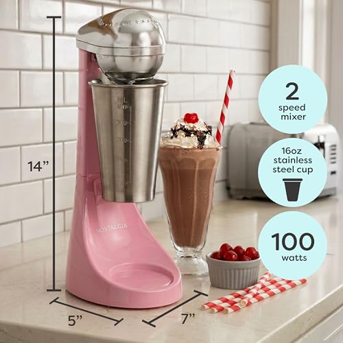 Nostalgia Two-Speed Electric Milkshake Maker and Drink Mixer, Includes 16-Ounce Stainless Steel Mixing Cup and Rod, Pink - image 2