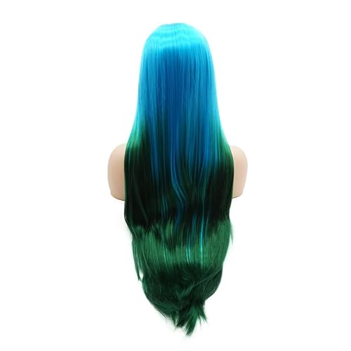 Miniatura 4 de Pelucas de cabello liso súper largo de 28 pulgadas con raíces azules y verde degradado de densidad pesada y realista con encaje frontal