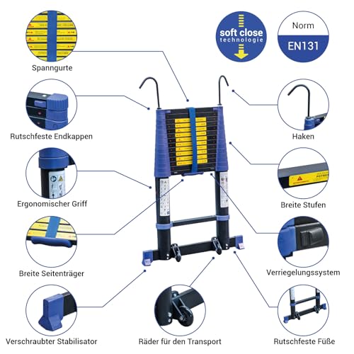 Teleskopleiter 4,4m TELESCOVA14+, Aluminium, Faltbar, Ausziehbar, Multifunktion, Maximale Arbeitshöhe 5,3m, Abnehmbare Haken, 5 Jahre Garantie