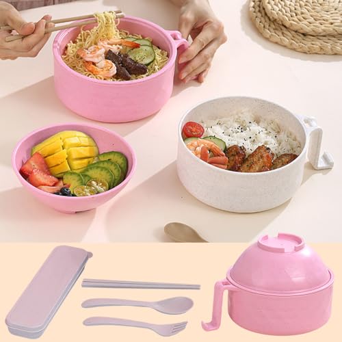 Image of BAUFIX Microwave Ramen Bowl with Lid, 2025 New Noodles Bowl Set with Chopsticks, Spoon, Fork, Portable Cooker for Dorm, Home, Office (Pink)