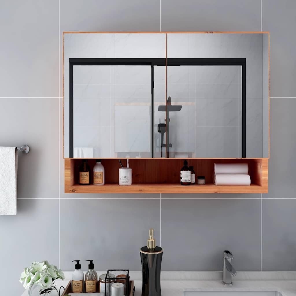 Szafka z lustrem LED do łazienki, dębowa, 80 x 15 x 60 cm, płyta MDF z powierzchnią melaminową, przyłącze USB, 2 drzwi, 3 wkładane półki, zajmuje mało miejsca do umywalki i toalety dla gości